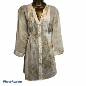 American Rag cream sheer shirt dress, gold print